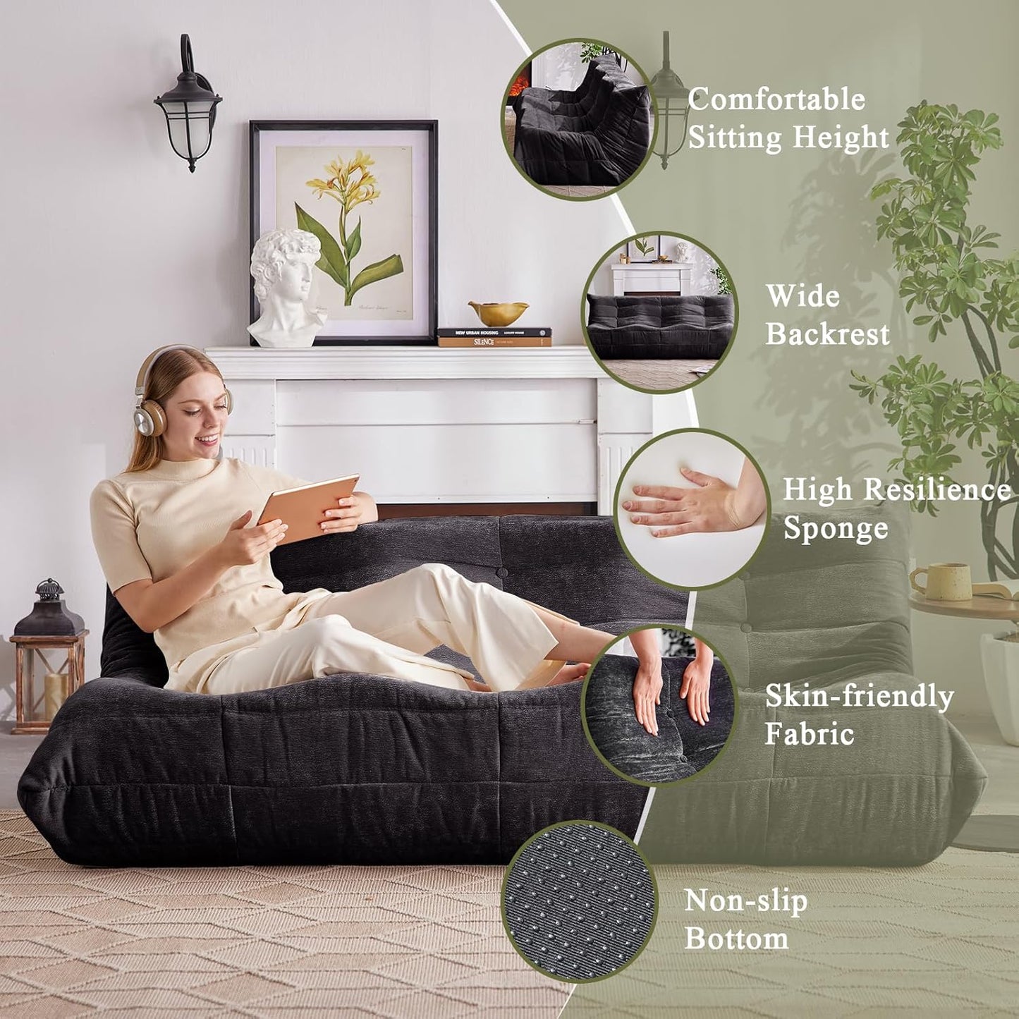 Bean Bag Chair, 3 Seater Fireside Chair Large Bean Bag Sofa for Adults, Memory Foam Chairs Gaming Chairs with Comfy Design & Soft Fabric, Lazy Floor Sofa for Living Room, Bedroom, Dark Gray