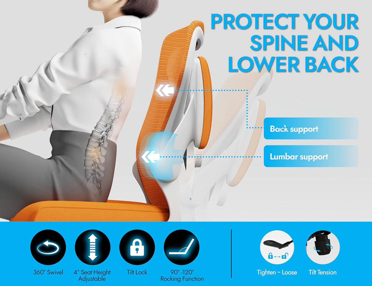 Ergonomic Office Chair - X-Shaped Computer Desk Chair Comfy, Gaming Chair, Office Chair with Lumbar Support, Mesh Office Chairs, Desk Chair for Long Hours(White-Orange)