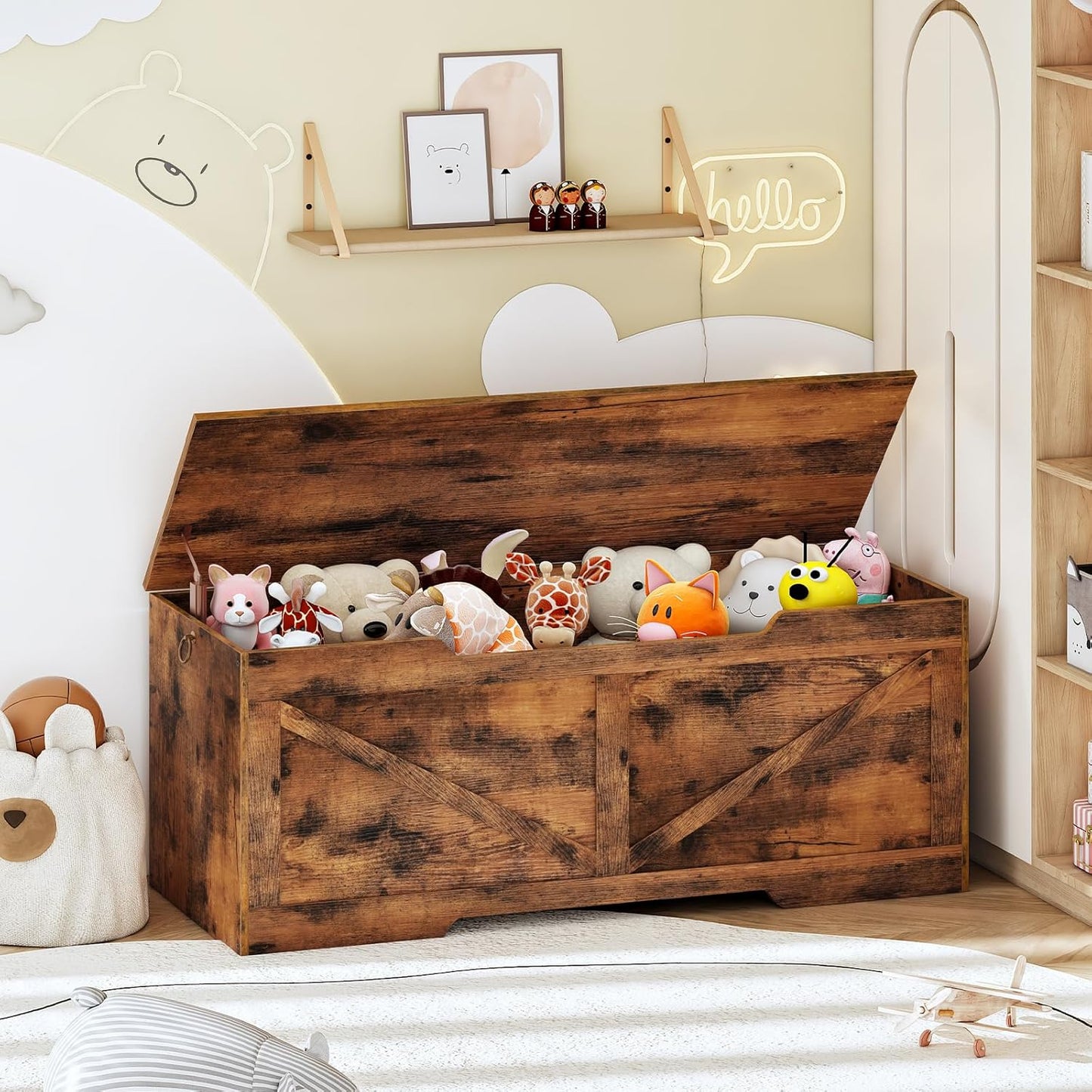 HOOBRO 47.2” Storage Chest, Retro Wooden Storage Bench with U-Shaped Cut-Out Pull, Toy Chest with Safety Hinge, Supports 220 lb and Easy Assembly for Toy Box Organizer (Rustic Brown) BF773CW01