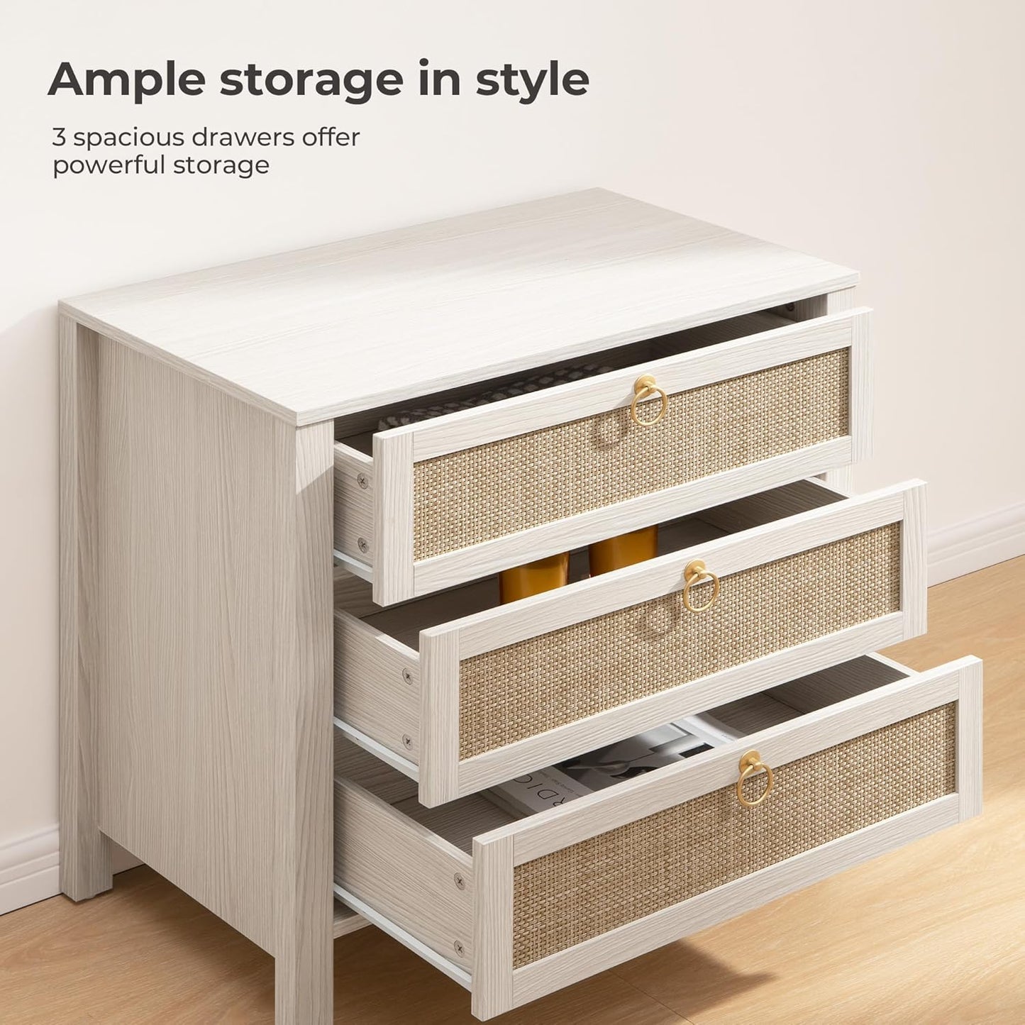 SICOTAS White Night Stand with Drawers - Large Rattan Bedside Table with Golden Handle, 3 Drawers Nightstand Tall End Table Side Table Boho Nightstand for Bedroom