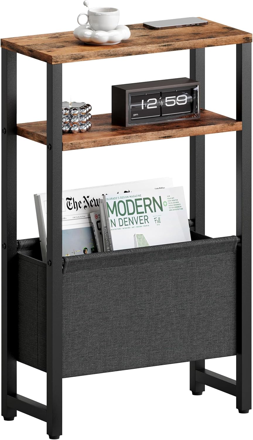 Narrow Side Table, Slim End Table with Magazine Rack, Bedside Table for Small Spaces, 3 Tier Sofa Couch Table Nightstand for Living Room, Bedroom Rustic Brown LET503R