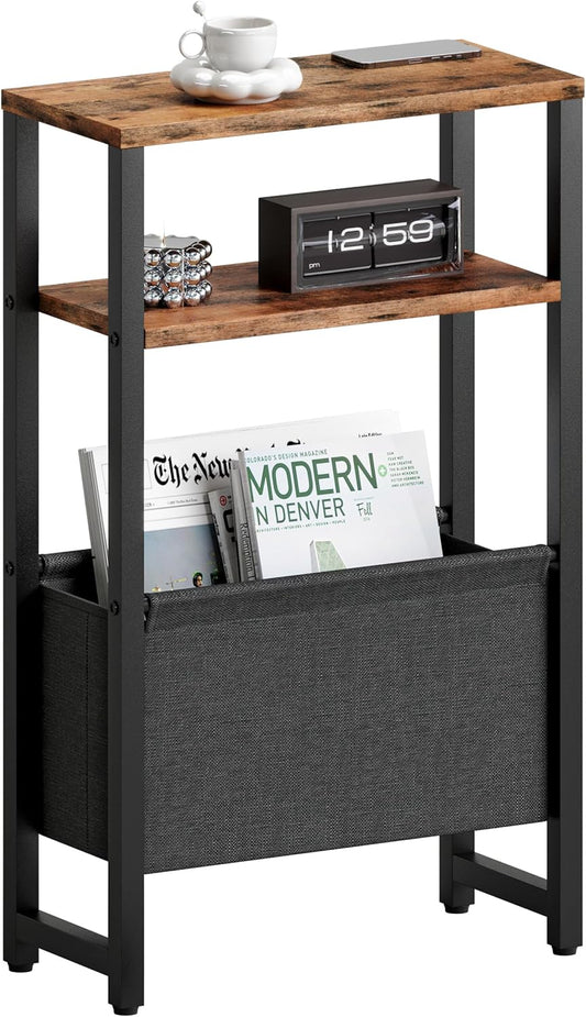 Narrow Side Table, Slim End Table with Magazine Rack, Bedside Table for Small Spaces, 3 Tier Sofa Couch Table Nightstand for Living Room, Bedroom Rustic Brown LET503R