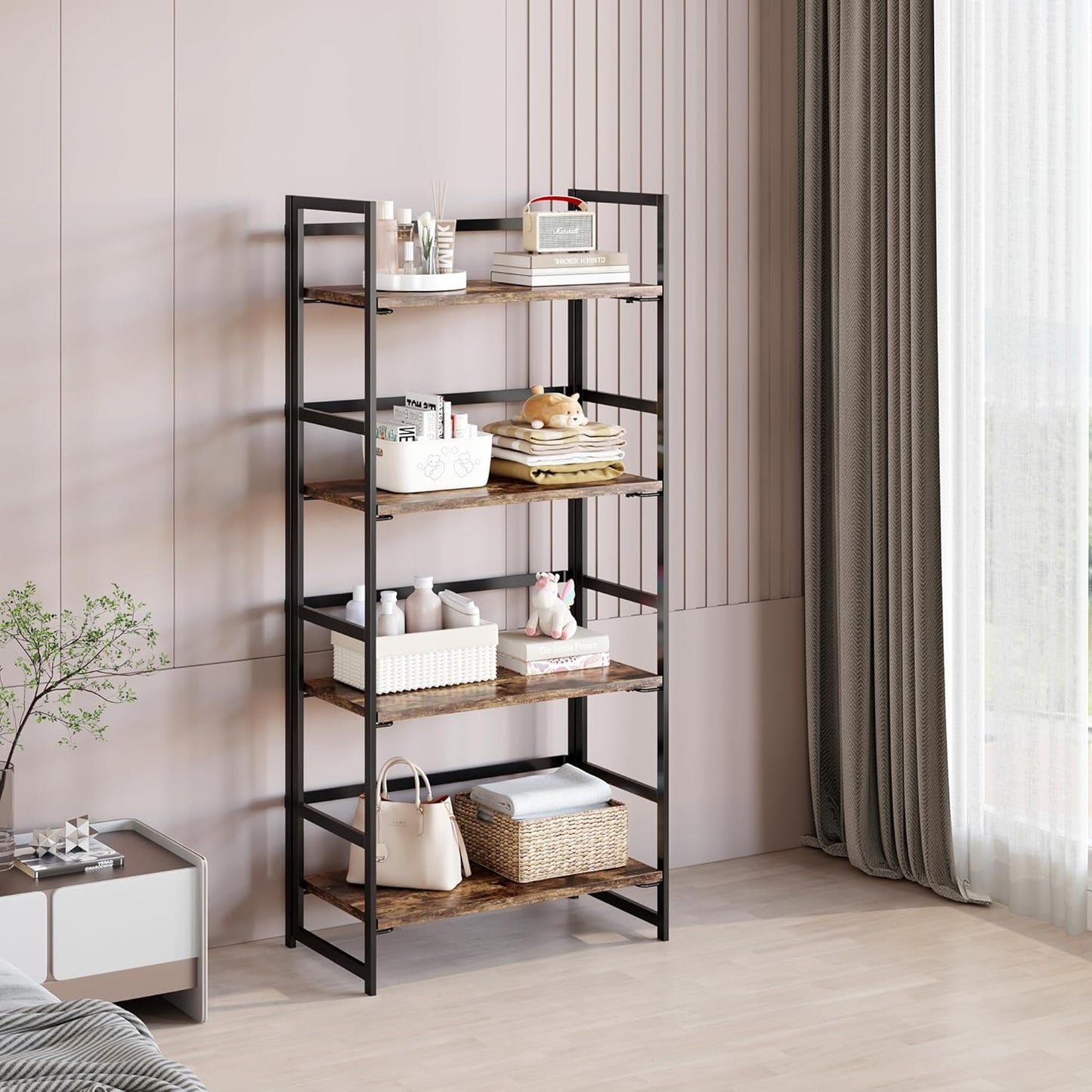 BHG Vintage Multifunctional Folding Bookshelf, No-Assembly Plant Stand Storage Rack Shelves for Home Office (Fire, 4-Tier)