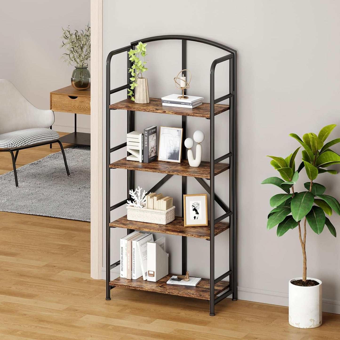 No-Assembly Folding Bookshelf Storage Shelves 4 Tiers Vintage Multifunctional Plant Stand Storage Rack Shelves Bookcase for Home Office