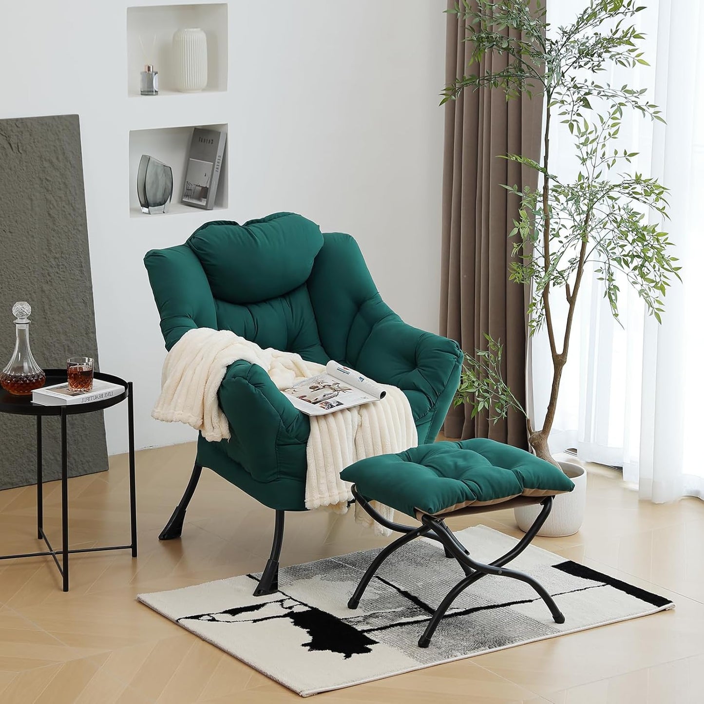 Modern Lazy Chair with Folding Footrest, Lounge Accent Reading Chair (Dark Green)