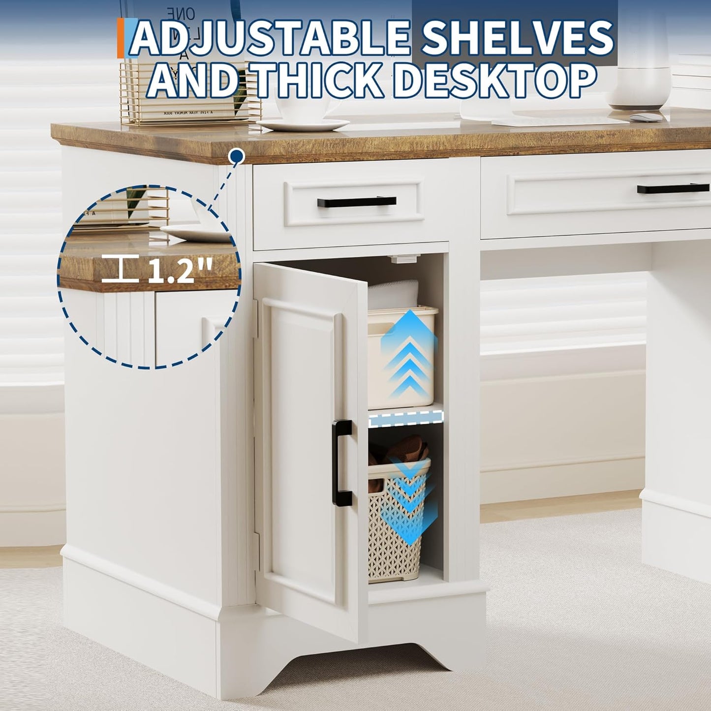 Executive Office Desk, Farmhouse 58" Office Desk with Storage, Wood Executive Computer Desk with Keyboard Tray, File Drawer, Storage Cabinet for Home Office Remote Work-Antique White