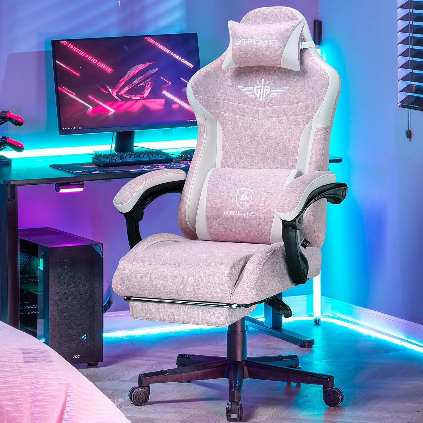 GTPLAYER Gaming Chair, Video Game Chairs with Footrest and Lumbar Support, Computer Chair for Adults with Extended Backrest, Ergonomic Reclining Silla Gamer, Linen Fabric, Pink
