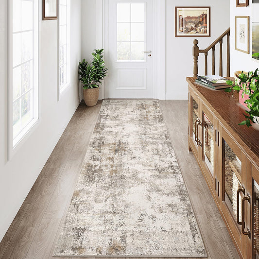 3x8 Washable Runner Rug Brown Grey Neutral Abstract Hallway Kitchen Living Room Bedroom Non Slip Throw Rug Soft Low Pile Indoor Carpet for Entrance Laundry Bathroom