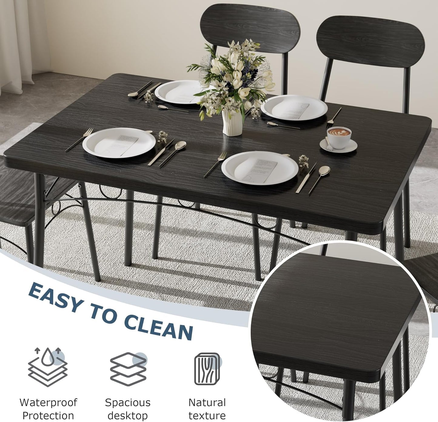 VECELO Dining Table Set for 4, 5-Piece Kitchen Table with 4 Chairs, MDF Board Tabletop with Metal Frame for Small Space, Compact Dinette, Breakfast Nook, Black