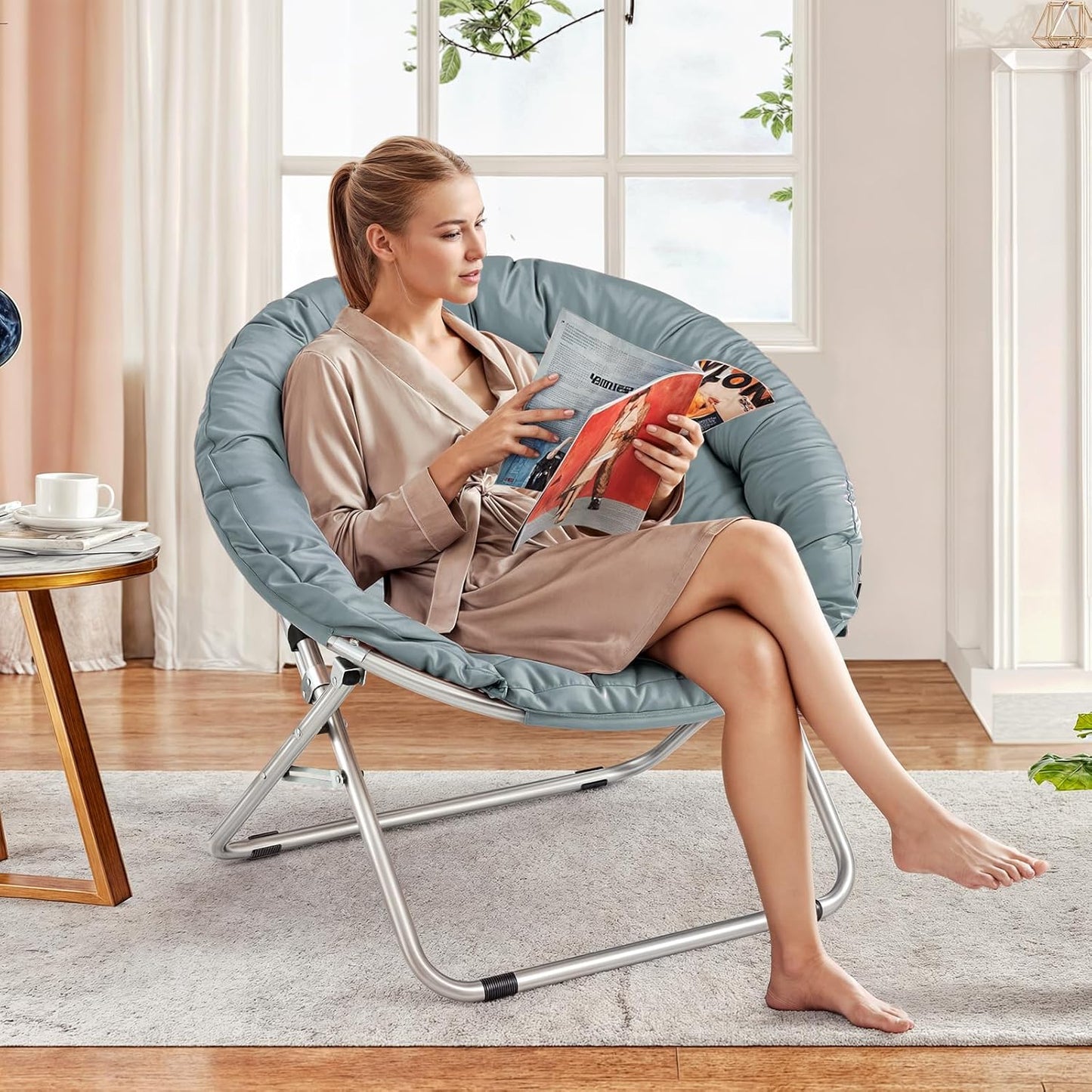 MoNiBloom Round Folding Saucer Chair for Bedroom Living Room Dorm Foldable Metal Frame Comfy Soft Lounge Lazy Cozy Moon Chair for Teens (Teal)