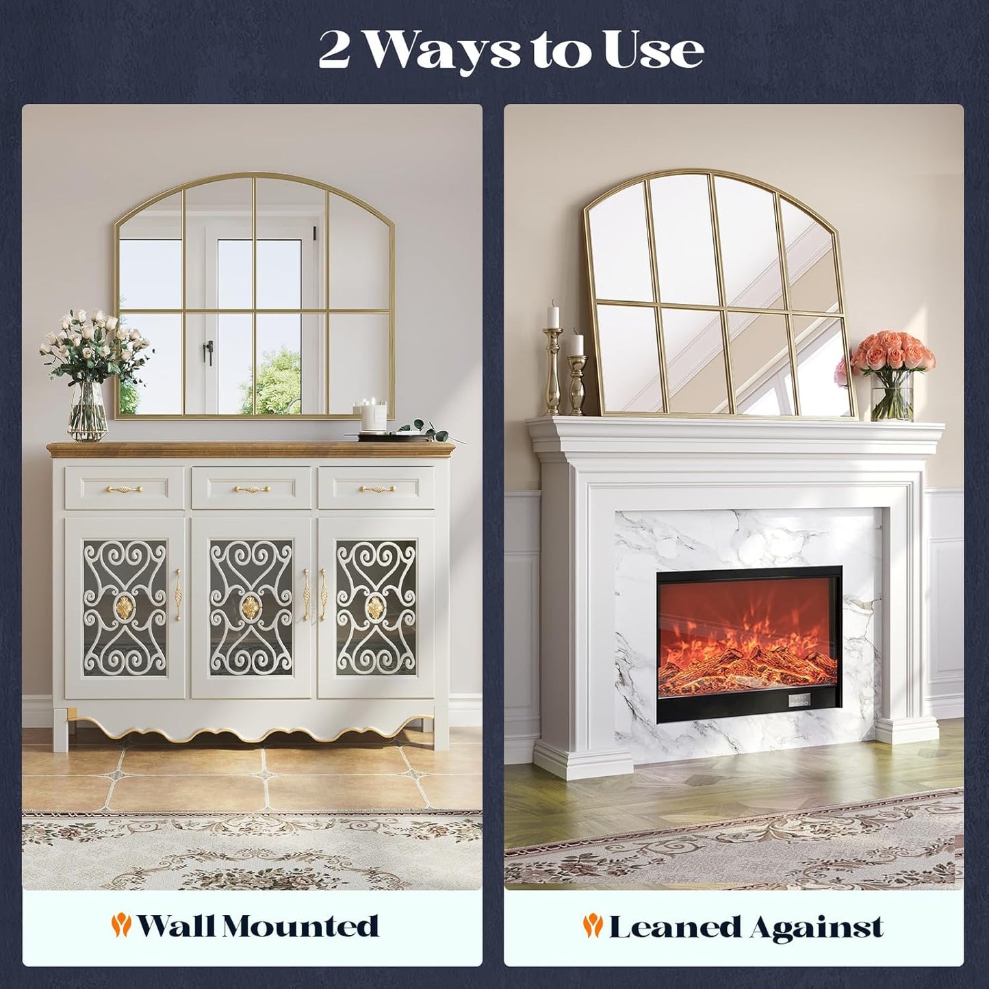 Window Pane Gold Mirror, 28" x 28" Farmhouse Arched Wall Mirror, Brass Rustic Arch Mirrors Large Grid Mirror for Living Room Bedroom Farmhouse Fireplace Hallway Entryway