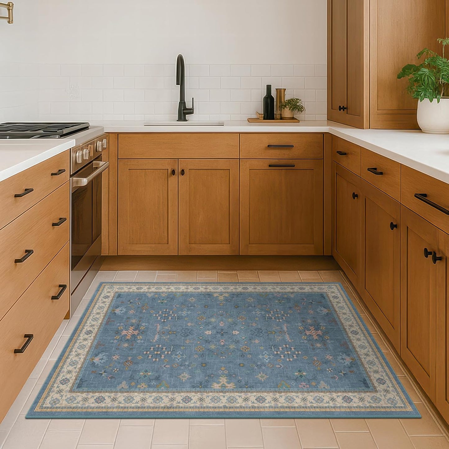 Washable Blue Rugs for Entryway Indoor - 3x5 Throw Rug for Large Kitchen, Bedroom Bedside, Laundry Room, Mudroom, Boho Eclectic Modern Décor, Non Slip Low Pile Fade Resistant