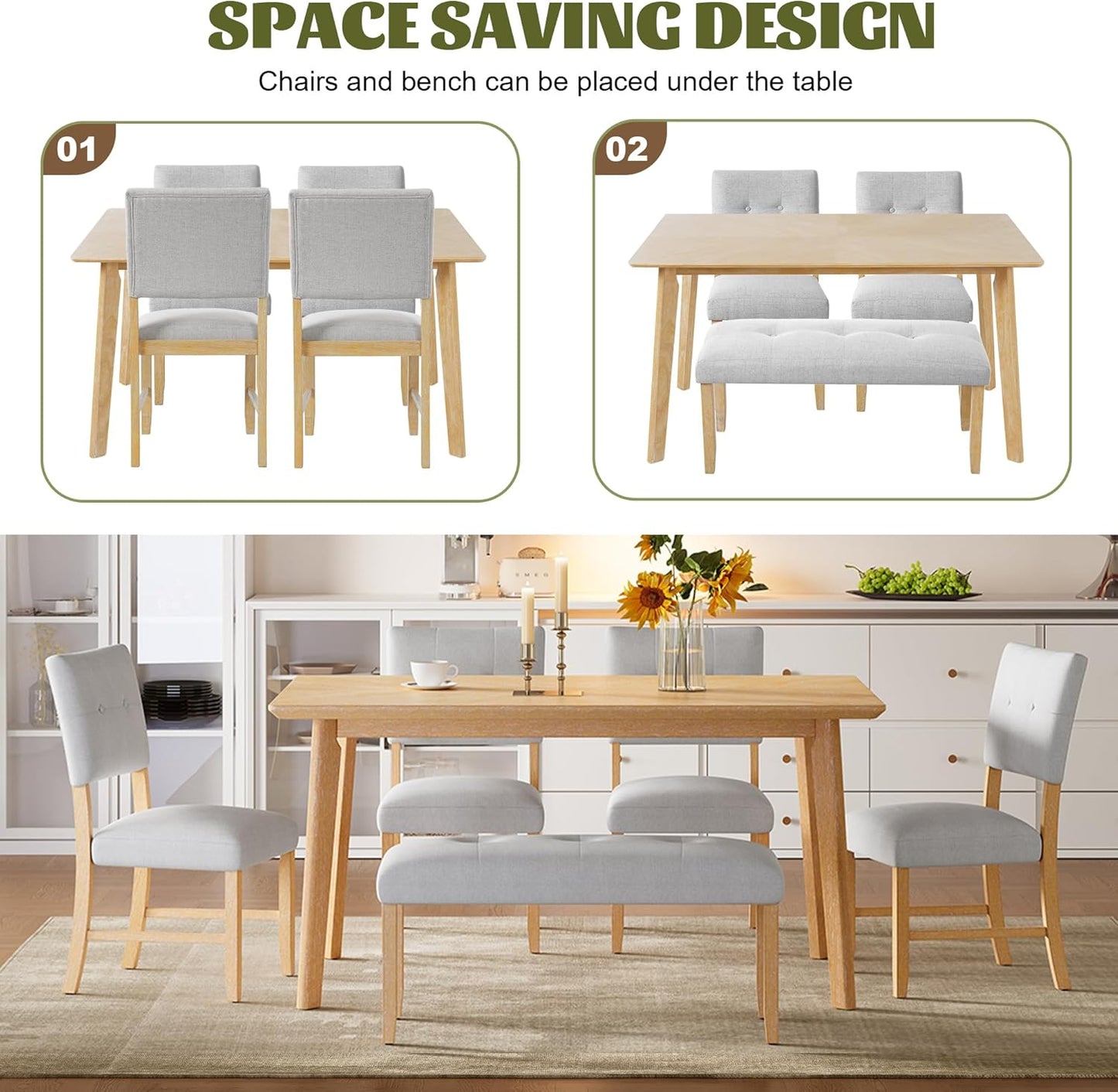 Merax 6 Piece Solid Wood Dining Table Set for 6, Rustic Farmhouse Rectangular with 4 Upholstered Wooden Chairs and 1 Bench, Kitchen Room, Natural Wood Wash