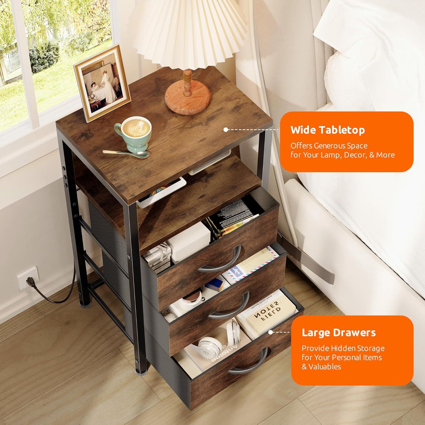 NightStand Bedside Charging Table Bedroom - Night Stand with Charger Station, Modern Nightstand with Open Shelf & 3 Fabric Drawers, Bed Side Table USB-C USB Ports & AC Outlets for Dorm Living Room