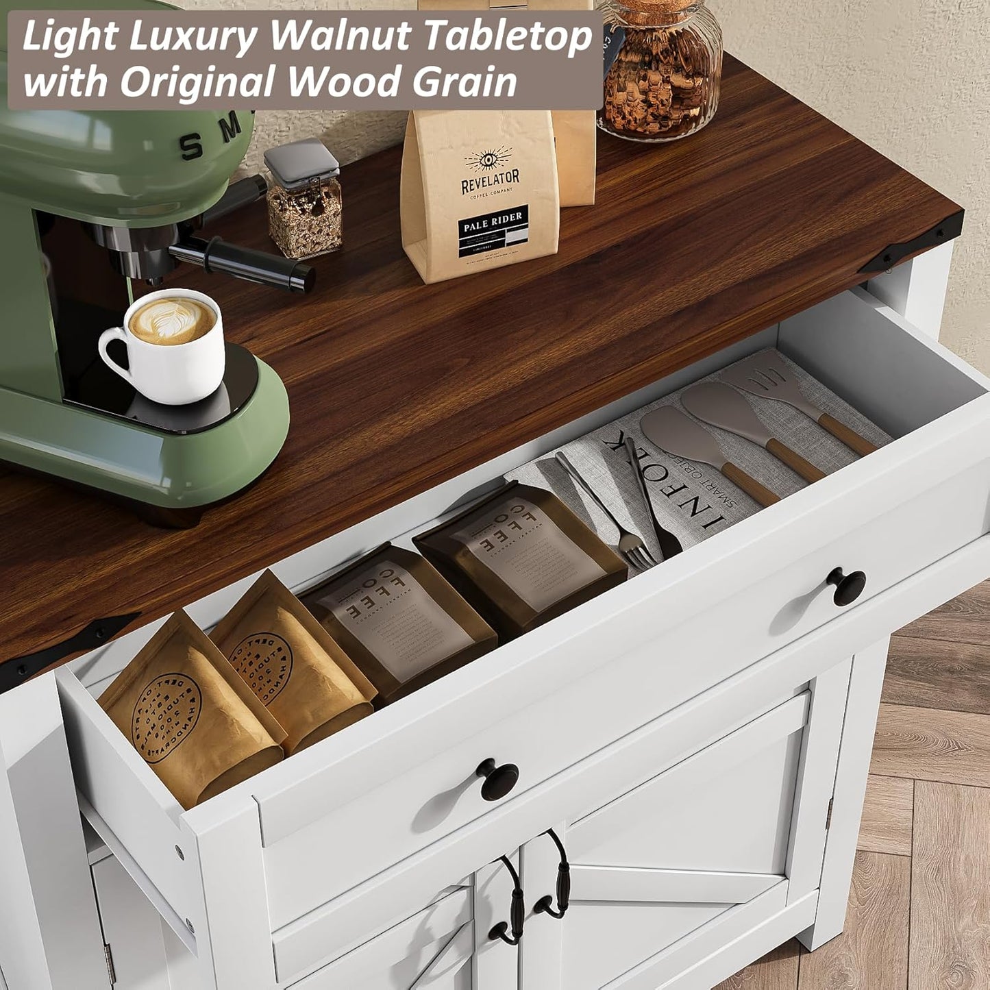 Farmhouse Storage Cabinet with 2 Doors, White Kitchen Cabinet with Walnut Countertop, Freestanding Floor Storage Cabinets Hutch Cupboard