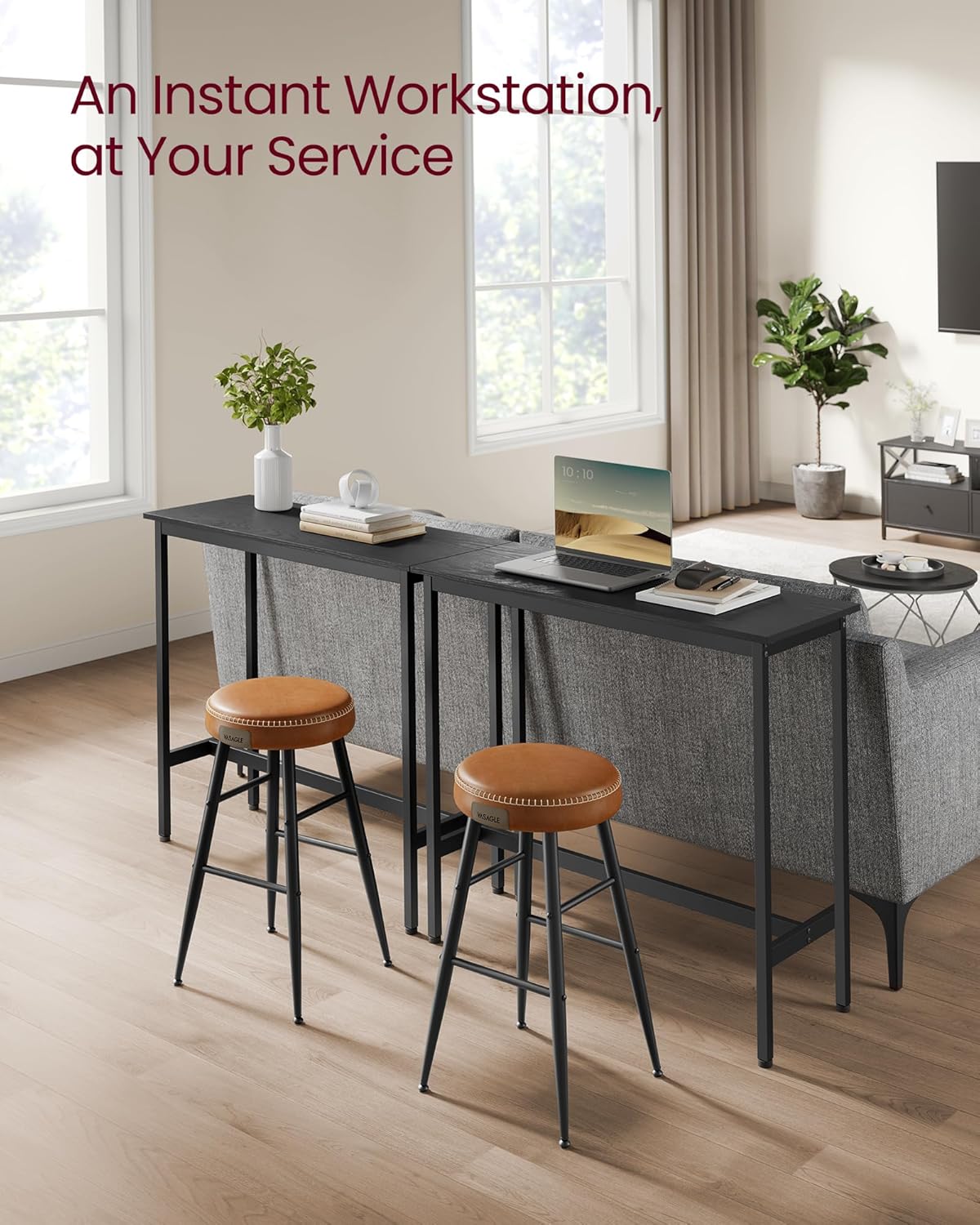 VASAGLE Bar Table, Narrow Long Kitchen Dining Table, Sturdy Metal Frame, Industrial, 15.7 x 39.4 x 35.4 Inches, Ebony Black and Ink Black ULBT010B56