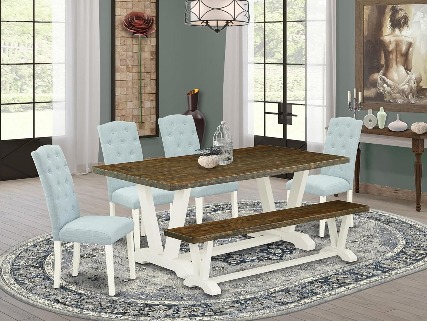 East West Furniture V077CE215-6 6 Piece Modern Dining Table Set Contains a Rectangle Wooden Table and 4 Baby Blue Linen Fabric Upholstered Chairs with a Bench, 40x72 Inch, Multi-Color