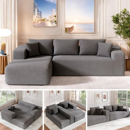 Cloud Sectional Couch, 104”L-Shape Oversized Sofa with Right Chaise Lounge, Modular Sleeper Couch with Pillows & Deep Seat, Rain Drop Velvet Fabric Compressed Sofa for Living Room, Light Gray