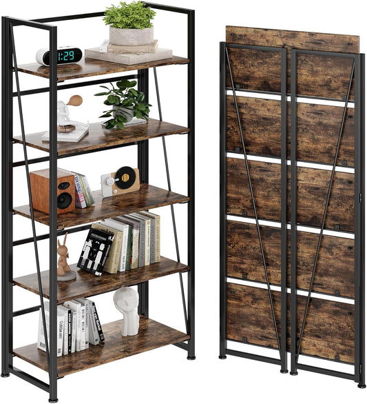 BHG Vintage Multifunctional Folding Bookshelf, No-Assembly Plant Stand Storage Rack Shelves for Home Office (Fire, 5-Tier)