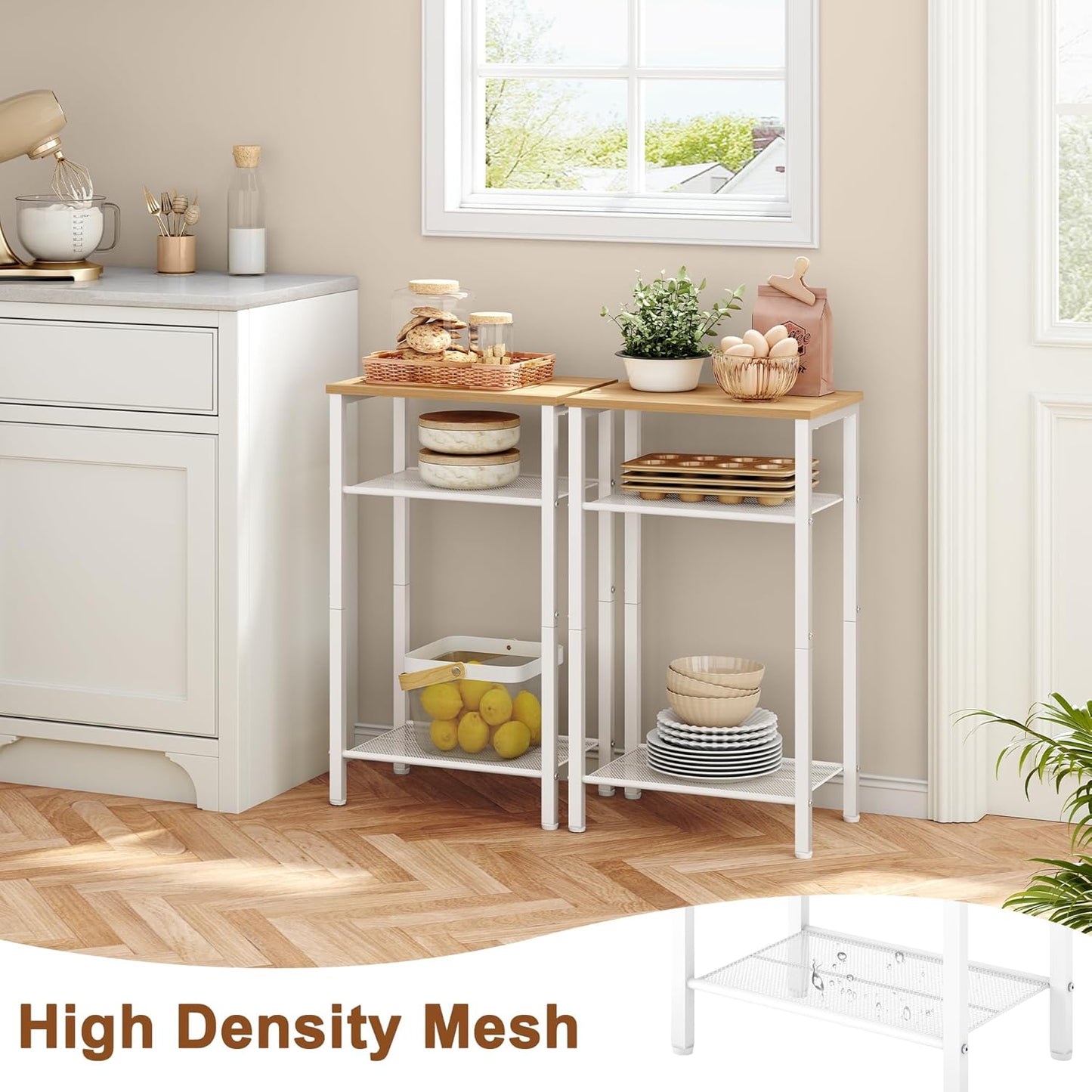 Hoctieon 2-Set 3 Tier End Table, Telephone Table Set of 2, Tall Side Table with Storage Set of 2, Small Nightstand for Small Spaces, Metal Frame, White and Yellow Oak