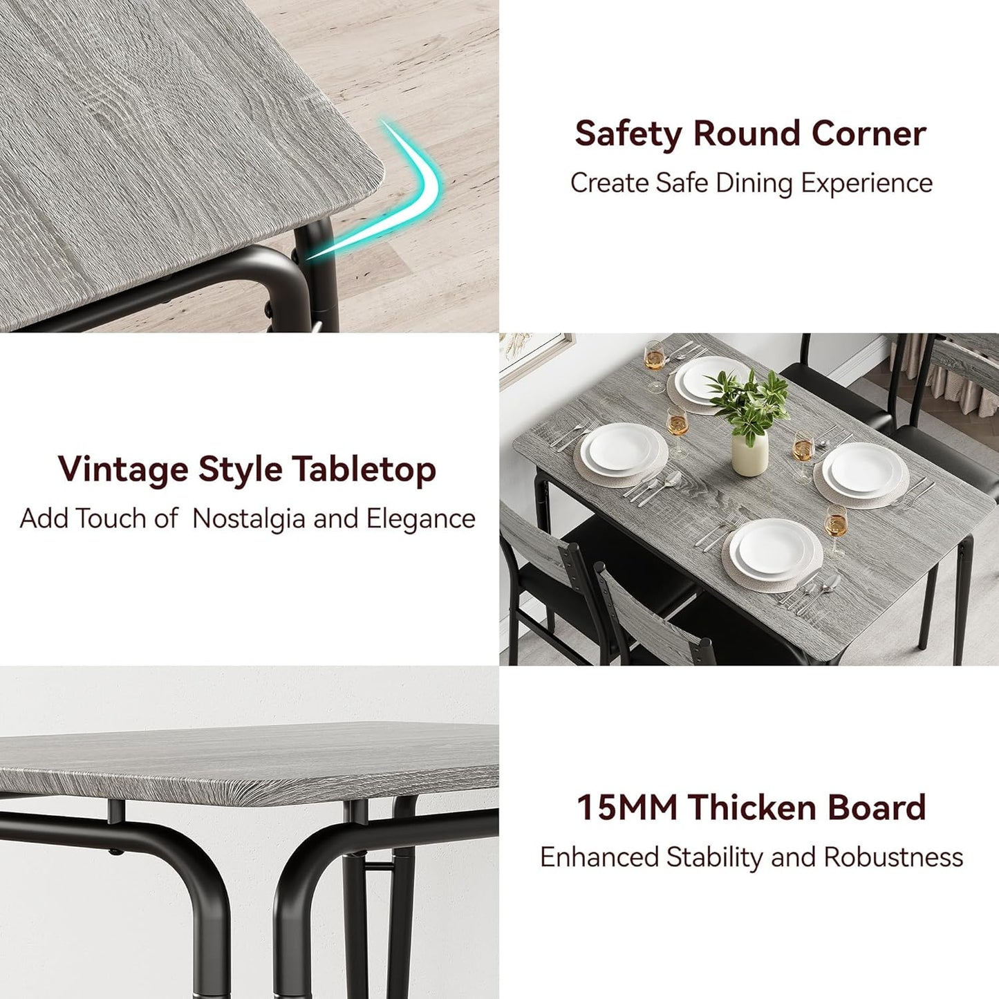 5 Piece Dining Table Set for 4, Compact Square Table Chairs, Sturdy MDF Top, Metal Frame, Space-Saving Breakfast Set for Kitchen, Apartment, Office, Easy Assembly Wipe-Clean