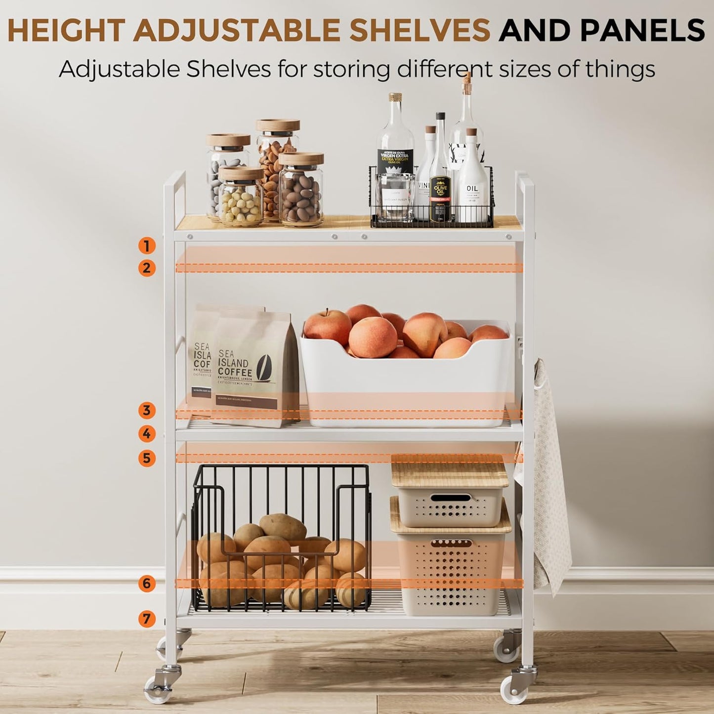 3-Tier Metal Storage Rack with Industrial Wheels,Mesh Shelving Unit with Wooden Table top,Adjustable Shelf,23.6-Inch Width,for Kitchen,Laundry,Pantry,Plant,Oak panel and white frame