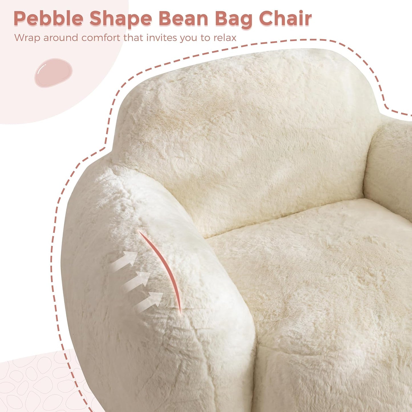 MAXYOYO Bean Bag Chair, Comfy Pebble Shaped Single Bean Bag Sofa for Adults, Stuffed Floor Sofa with Supportive Backrest & Armrests, Modern Faux Fur Accent Chair for Living Room & Bedroom, Beige