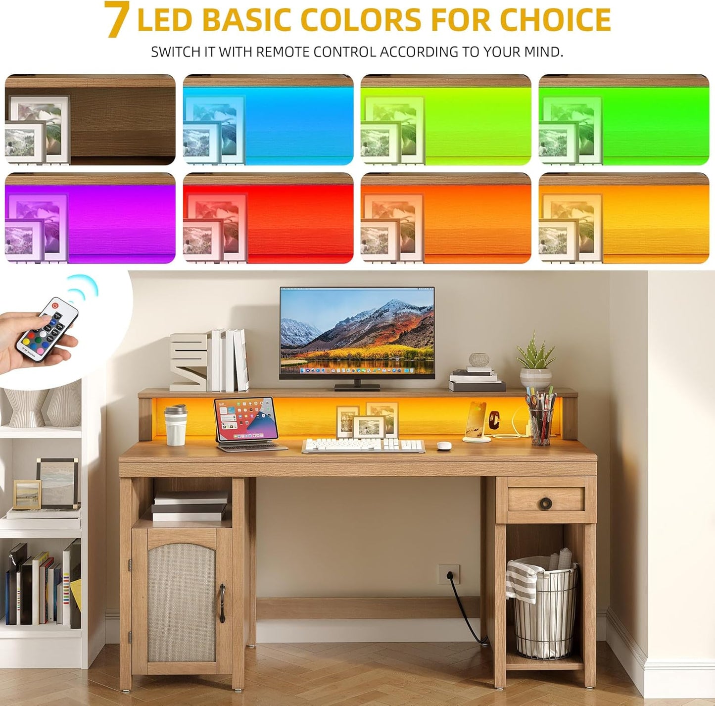 DWVO Farmhouse Office Desk with Drawer & Power Outlets, Rattan Computer Desk w/LED Strip & Monitor Stand for Bedchamber Study, Home Office Table w/Storage Cabinet for Working Writing Gaming (Oak)