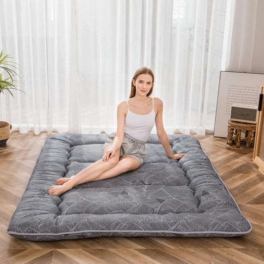MAXYOYO Japanese Floor Mattress Futon Mattress, 4" Thicken Tatami Mat Sleeping Pad Foldable Roll Up Mat Boys Girls Dormitory Pad Kids Floor Lounger Pillow Bed, Charcoal Grey, Queen Size