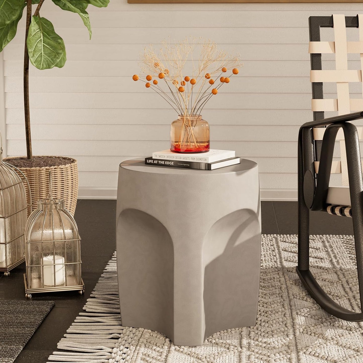 COSIEST Concrete Side Table Drum Shape,17''H Outdoor Side Table, Patio Accent Table Cement End Tables, Garden Decorative Stool, Plant Stand Drum Table, Grey