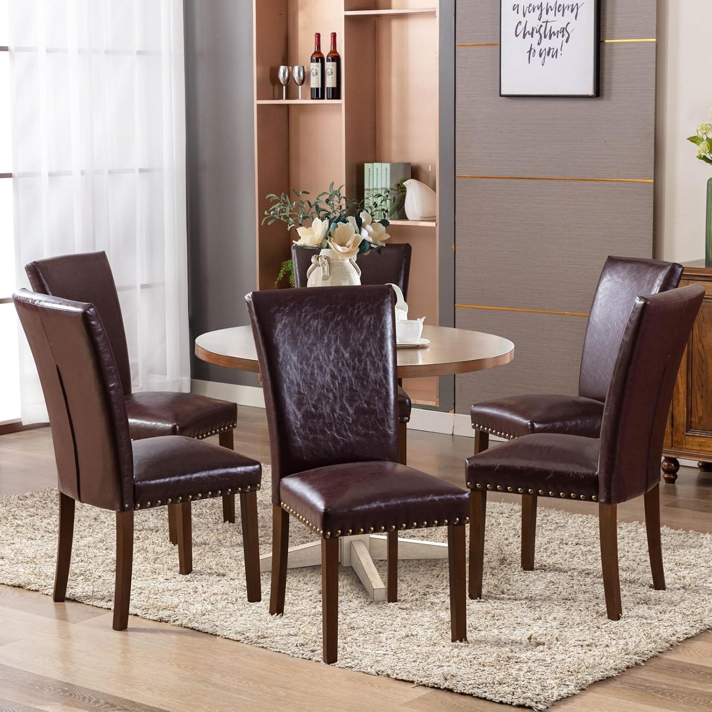 COLAMY Upholstered Parsons Dining Chairs Set of 6, PU Leather Dining Room Kitchen Side Chair with Nailhead Trim and Wood Legs - Dark Brown