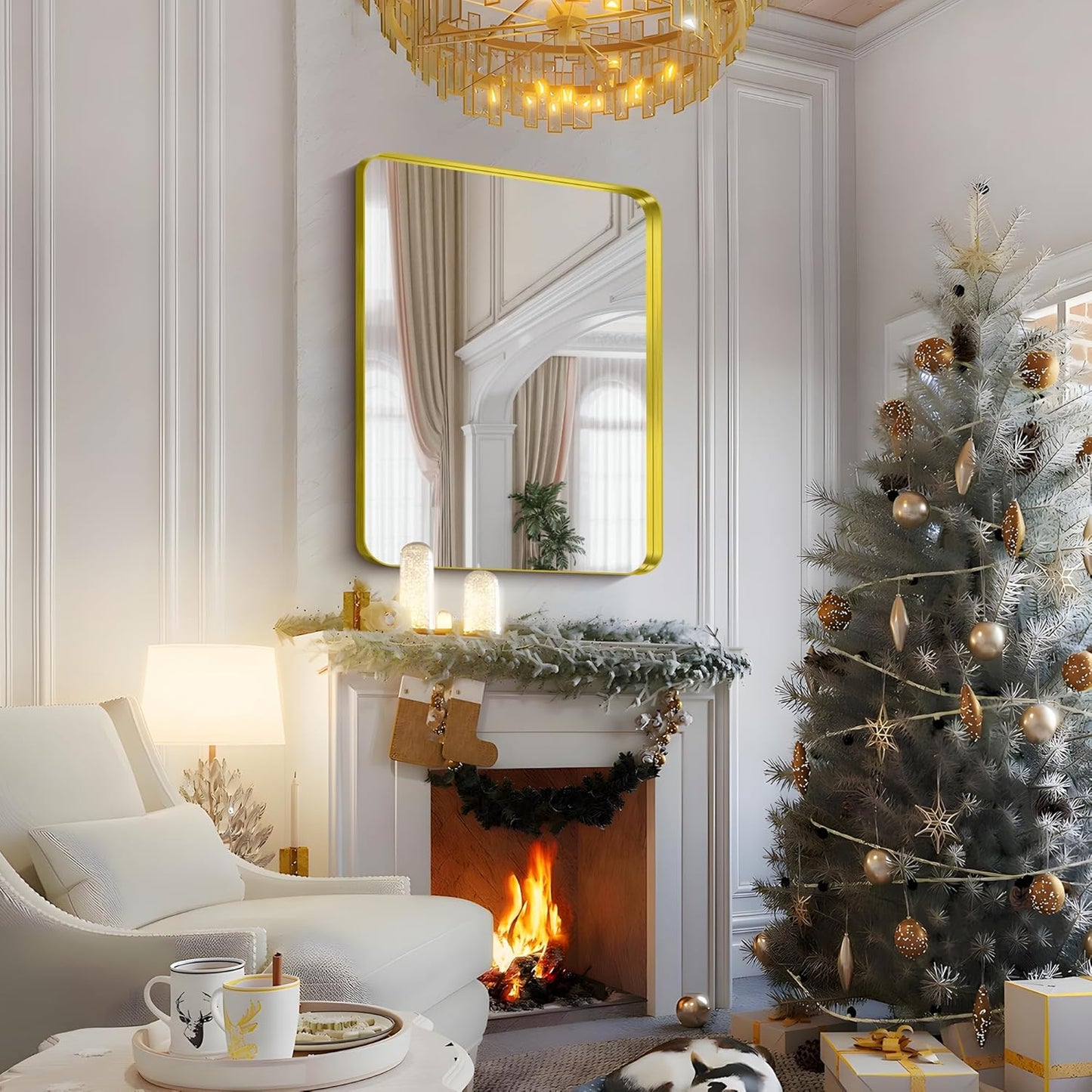 FORBATH 48x36 Inch Bathroom Mirror, Brushed Gold Deep Frame Wall Mirror with Rounded Corners, Anti-Rust Glass for Modern Farmhouse Vanity (Horizontal/Vertical Hanging)