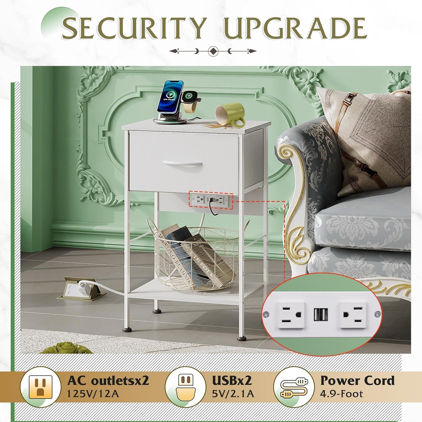 WLIVE Nightstand with Charging Station, 25" H Nightstand with 1 Fabric Drawer and Open Wood Shelf, Bed Side Table for Bedroom, 2-Tier Storage End Table, Small Dresser for Dorm, Entryway, White