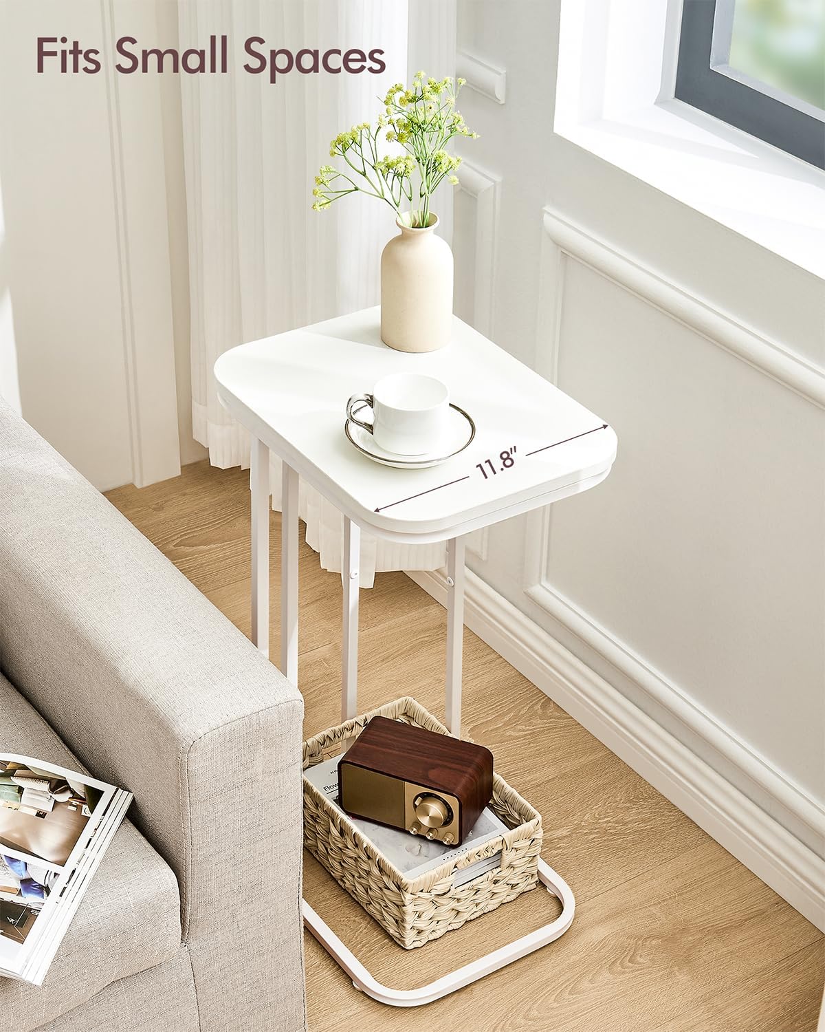 C Shaped End Table, 27 Inches High Small Side Table for Sofa and Bed, Couch Table That Slides Under, Tall Tv Tray Table for Living Room, Bedroom, Metal Frame, Snow White