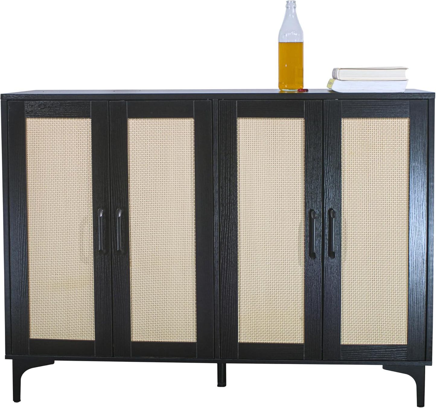 Buffet Sideboard, Side Storage Cabinet, entryway Cabinet, Buffet Sideboard with Rattan, Featuring 4 Doors and Adjustable Shelves, Suitable for Living Room (Black)