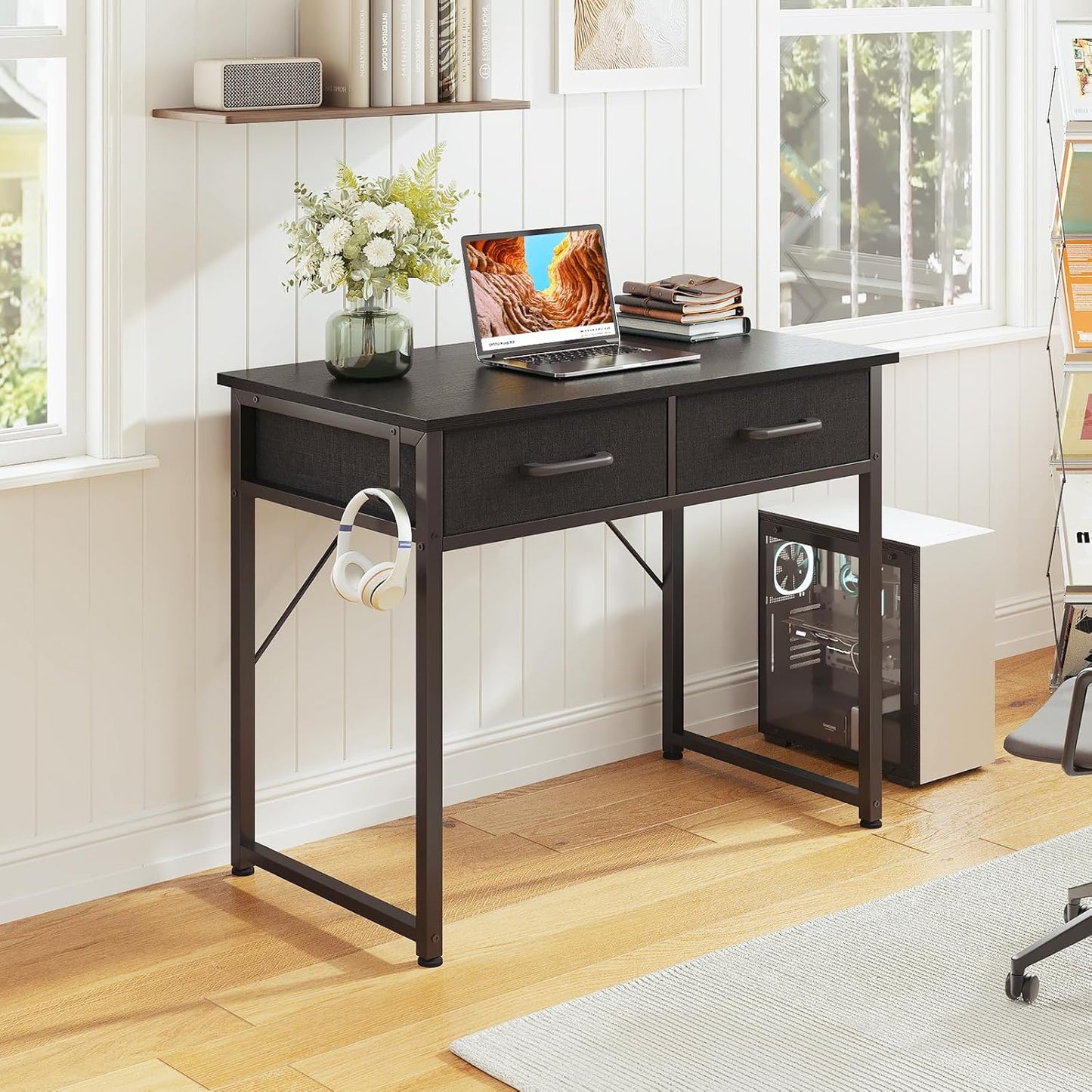 Casaottima 32 Inch Small Office Computer Desk with 2 Drawers & Headphone Hook - Compact Writing Desk for Home Office, Study or Work, Modern Space-Saving Design for Small Spaces, Black