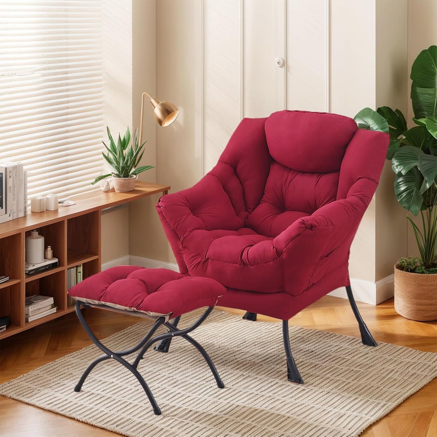 Lazy Chair with Ottoman, Large Modern Lounge Accent Chair with Armrests and Footrest, Reading Armchair with Ottoman, Leisure Sofa Chair for Living Room, Bedroom, Dorm Room, Office（Burgundy）