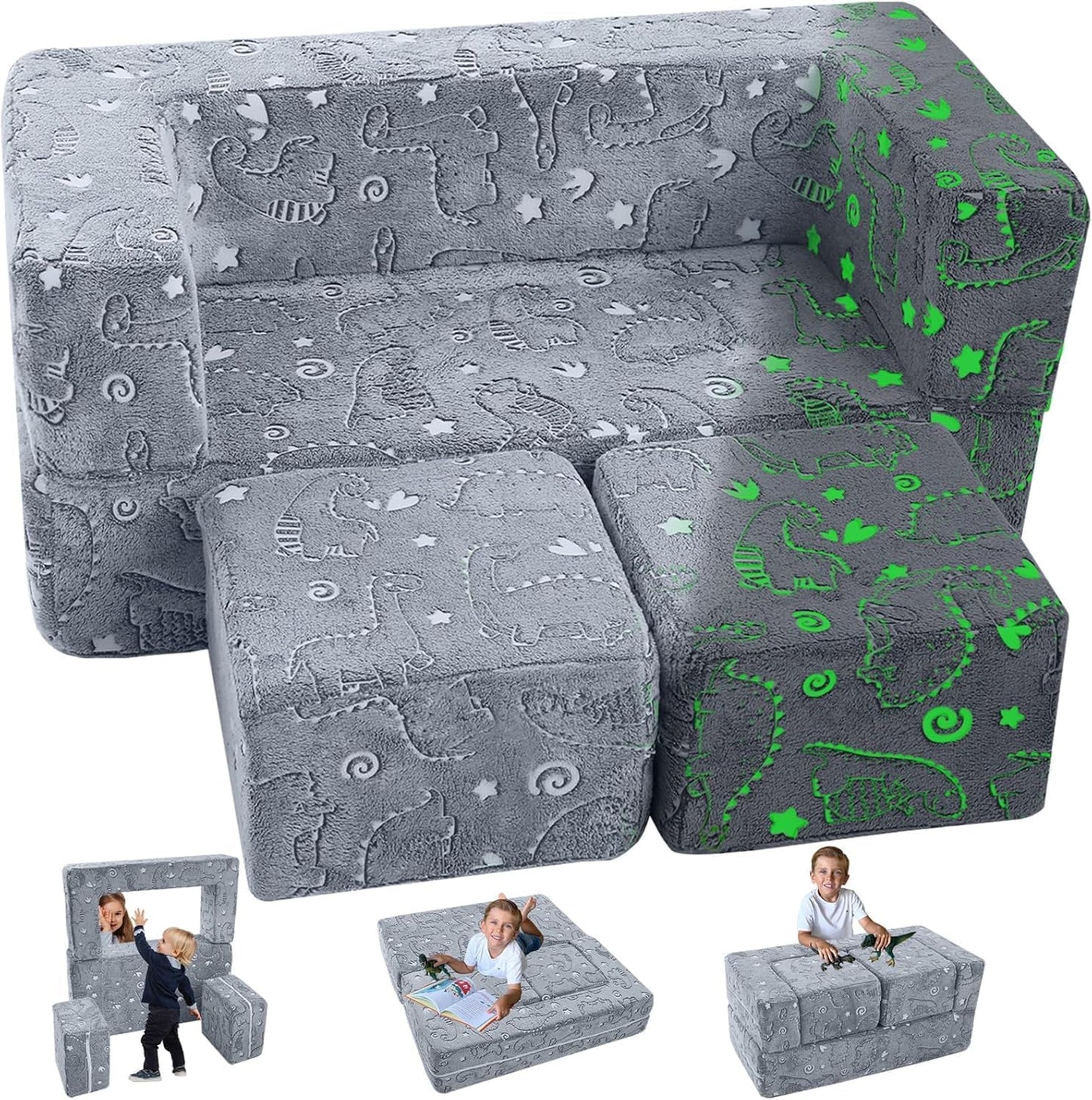 MeMoreCool Glow-in-The-Dark Dinosaur Modular Kids Play Couch — Convertible Foam Sofa for Toddlers, Multi-Configuration Climbing & Fort Building Furniture with Washable Covers, Gray