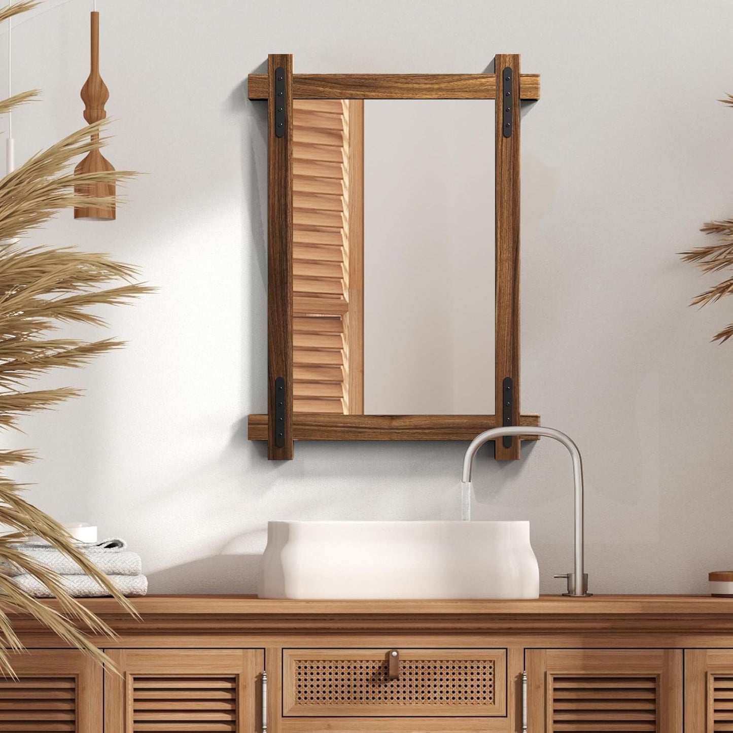 YOSHOOT Farmhouse Wood Bathroom Mirror, 32"x24" Rustic Wall Mirror, Round Corner Vanity Mirror for Decor, Vertical or Horizontal Hanging, Selected Wood, 100% Handmade