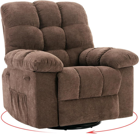 Rocking Recliner Chair,360° Swivel Rocker Chair for Living Room,Upholstered Fabric Glider Nursery Chair with Side Pockets for Small Spaces,Q235 Steel Frame Lazy Boy Recliner Single Sofa(Brown)