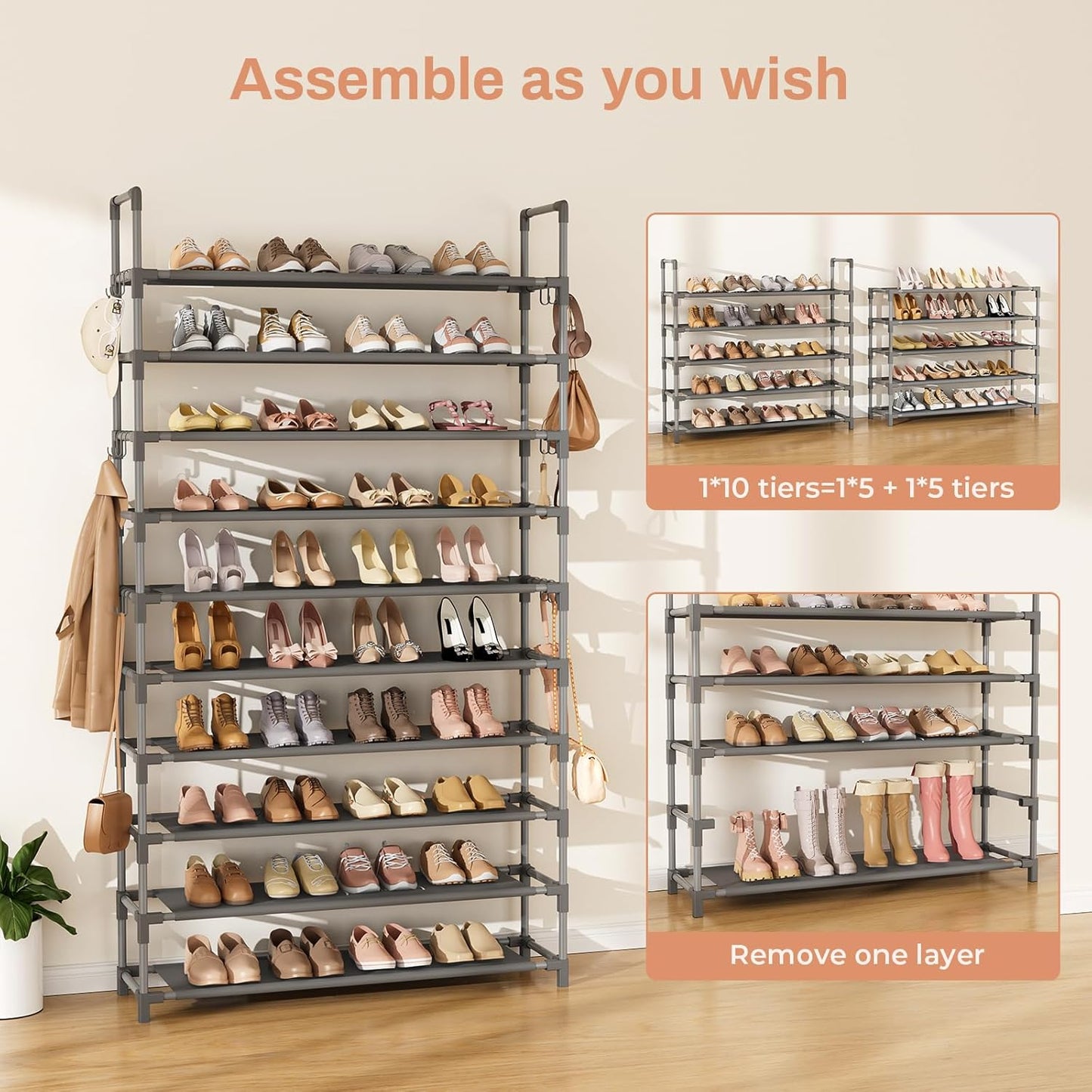 Tall Shoe Rack 10 Tier Shoe Organizer Large Shoe Shelf with 18 Hooks Storage for 50 Pair Sneaker and Boot, Stackable Vertical Shoe Rack Organizer for Closet, Entryway, Bedroom, Grey