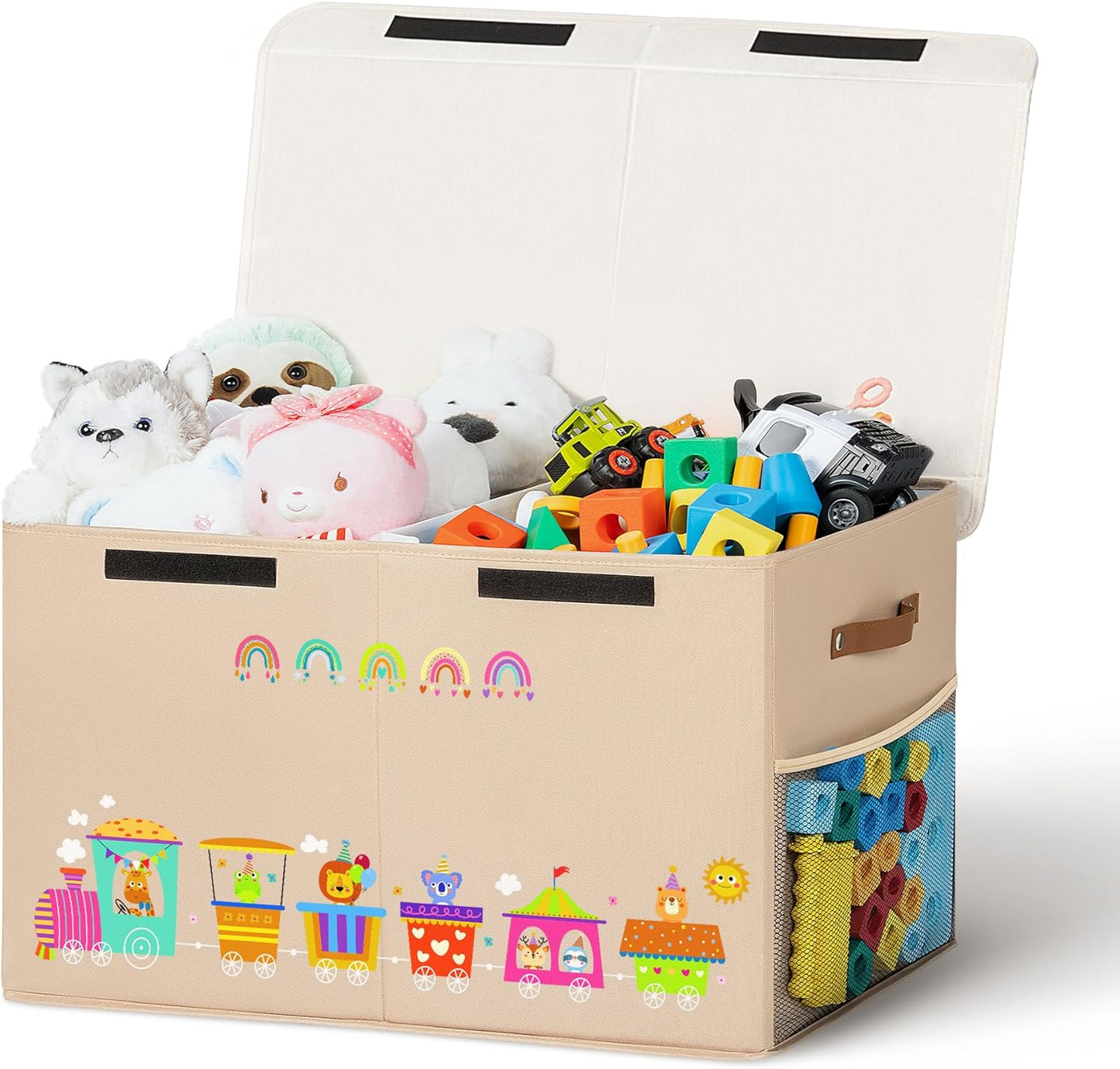 80L Large Toy Storage Box with Lid, Large Toy Box Chest for Kids, Girls and Boys, Nursery Room and Living Room, 26"x13" x16" (Dark Khaki-train)