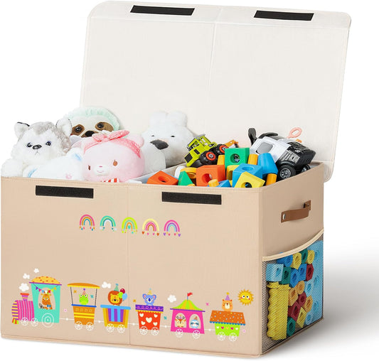 80L Large Toy Storage Box with Lid, Large Toy Box Chest for Kids, Girls and Boys, Nursery Room and Living Room, 26"x13" x16" (Dark Khaki-train)
