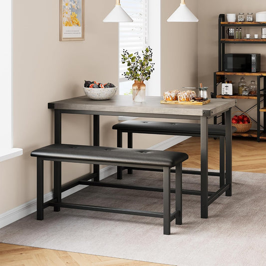 Dining Table Set for 4, Kitchen Table with 2 Upholstered Benches, 3-Piece Dining Room Set for Kitchen, Apartment and Small Spaces, Gray