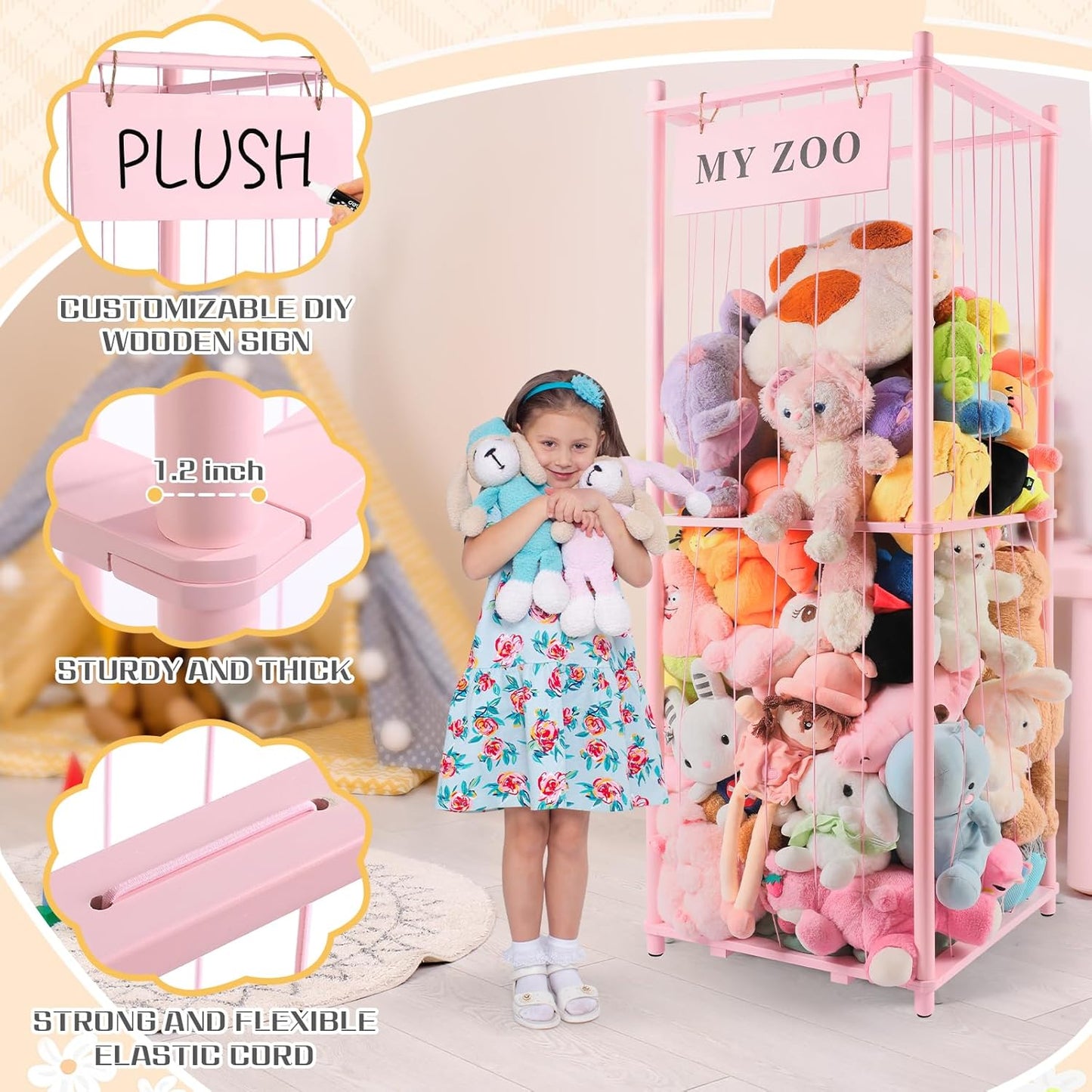 Stuffed Animal Storage Zoo, Wooden Stuffed Animal Organizer with Elastic Cords for Boys Girls, Space Saving Toy Plushies Storage Holder for Playroom, Bedroom, Living Room (Pink, Large)