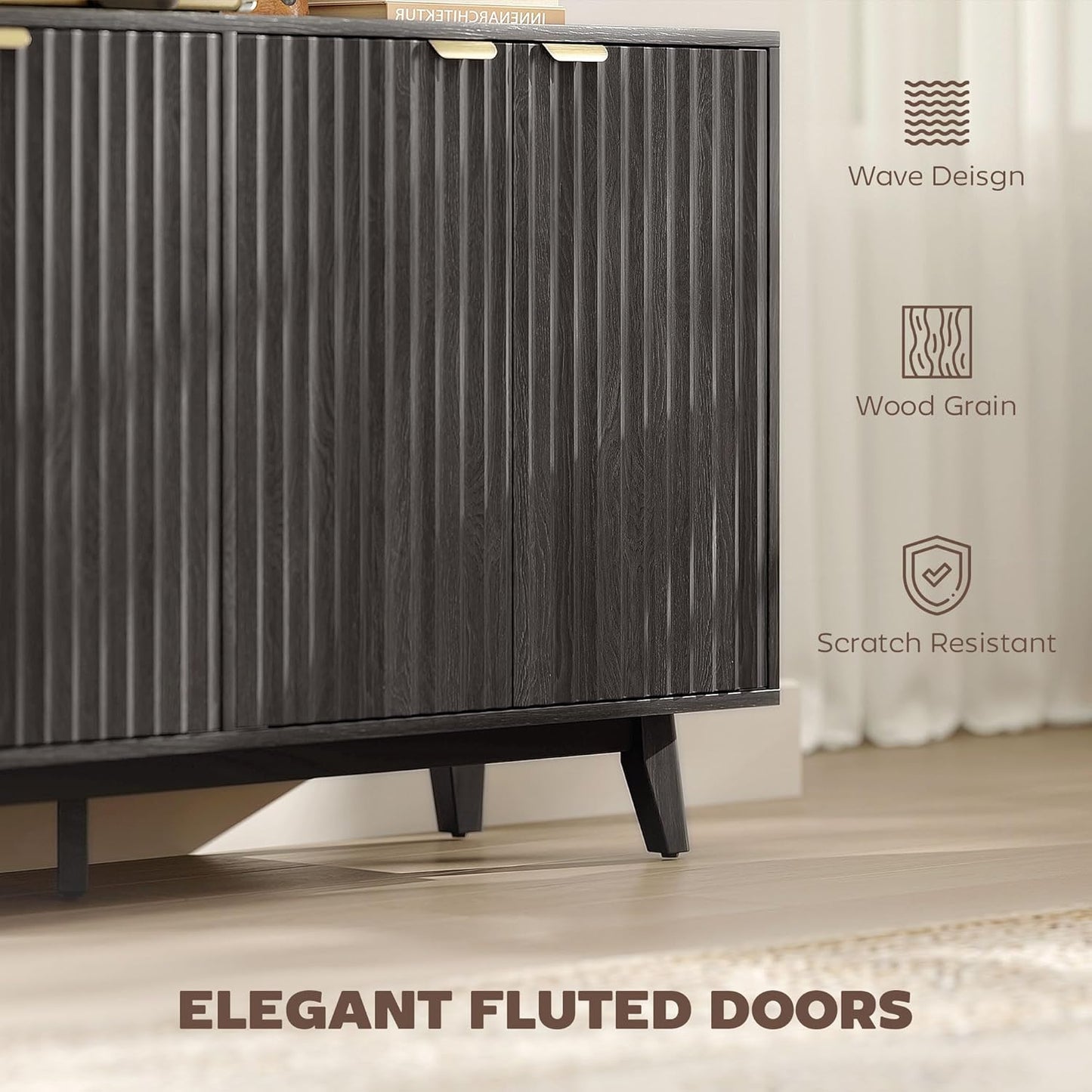 HOMCOM Fluted Sideboard Buffet Cabinet, 55" Modern Accent Console Cabinet with 4 Doors, 2 Adjustable Shelves and 5 Wood Legs, Distressed Gray