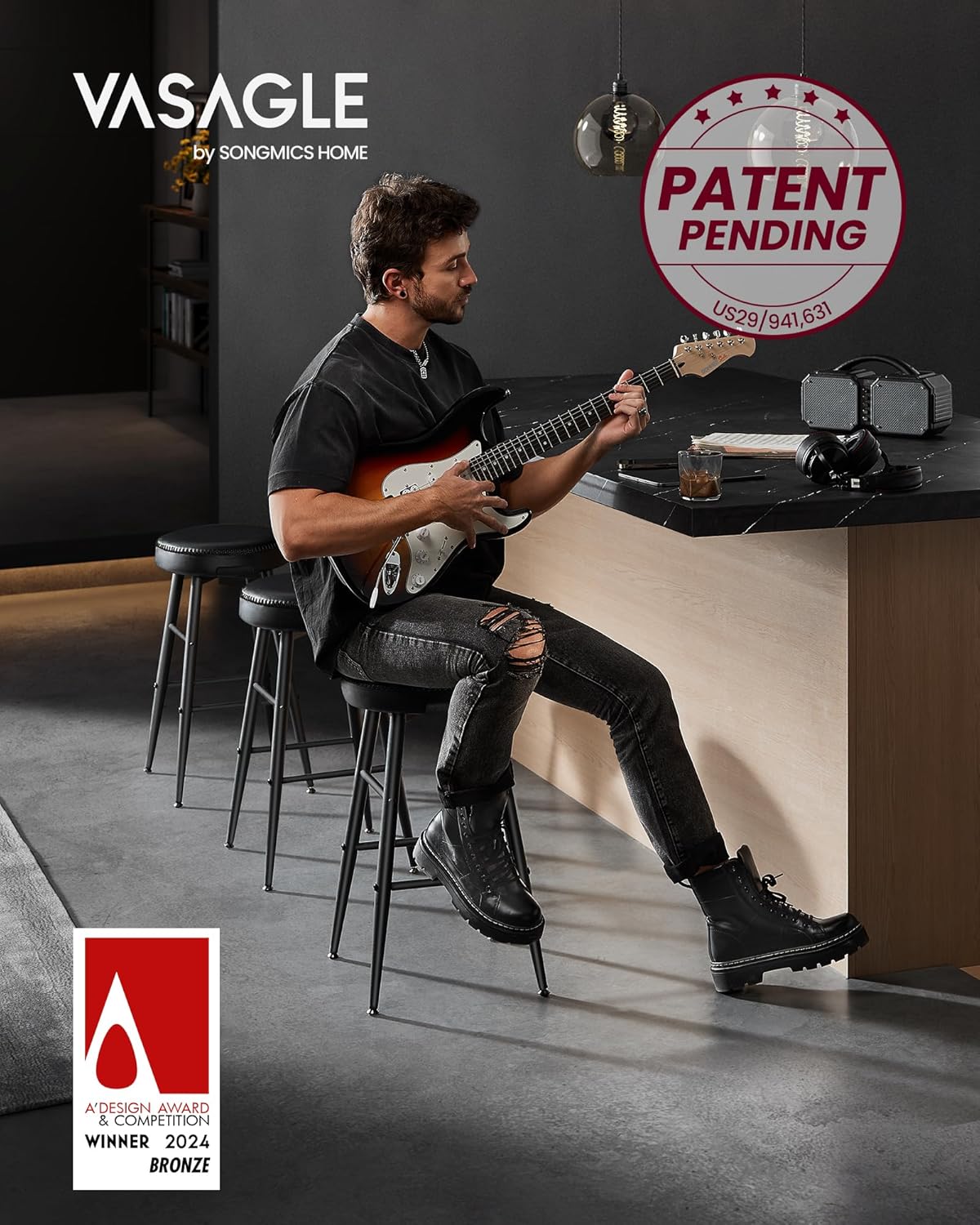 VASAGLE EKHO Collection - Bar Stools Set of 2, Counter Height Bar Stools, Kitchen Counter Stools, Mid-Century Modern Backless Counter Stools, 24.8-Inch Tall, Kitchen Island Home Bar, Ink Black