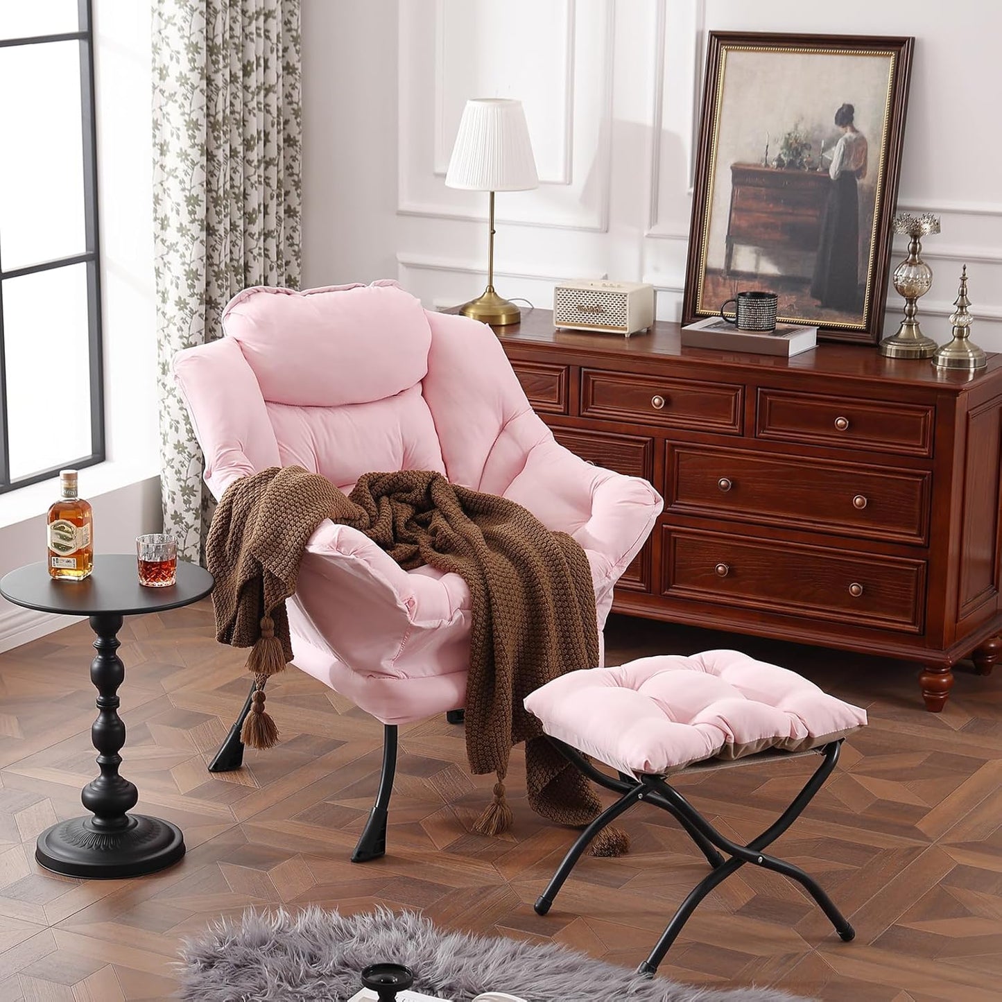 Lazy Chair with Ottoman, Modern Chair with Folding Footrest, Lounge Accent Chair, Comfortable Reading Chair, Oversized Armchairs for Bedroom, Study, Living Room, Courtyard (Pink