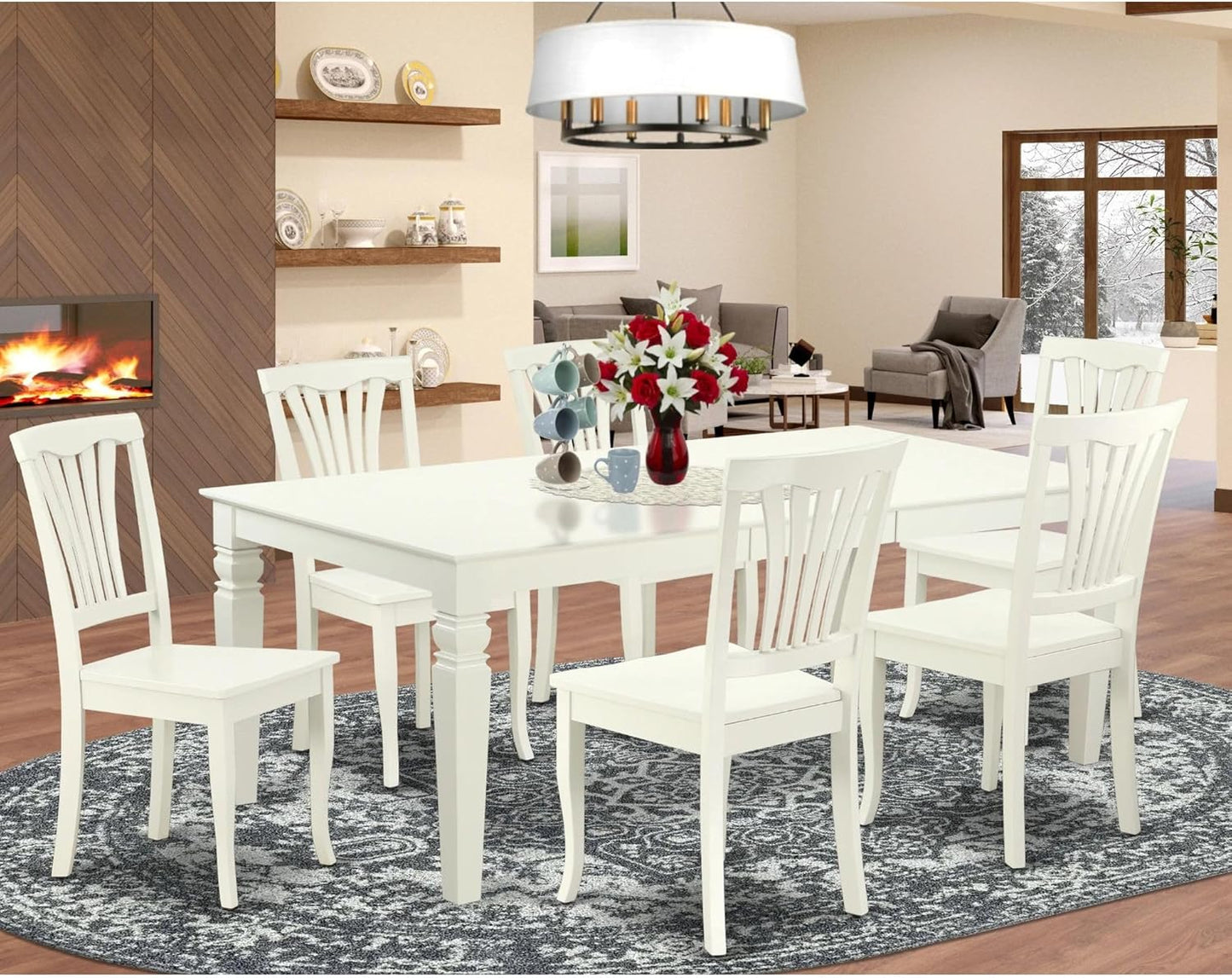 East West Furniture LGAV7-LWH-W 7 Piece Dining Room Table Set Consist of a Rectangle Kitchen Table with Butterfly Leaf and 6 Dining Chairs, 42x84 Inch, Linen White
