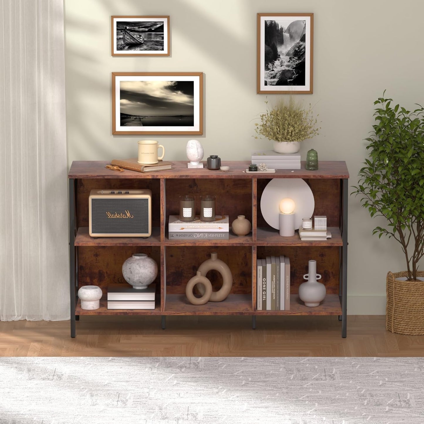 Horizontal Bookshelf Bookcase,Cube Storage Organizer Shelf,Industrial Wide Bookcase with Storage,Low Short Wide Cubby Shelves,Rustic Farmhouse Shelf for Office Bedroom Living Room,47 in(Brown,6 Cube)